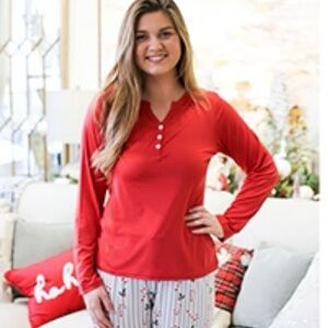 Women's Red Long Sleeve Henley Top